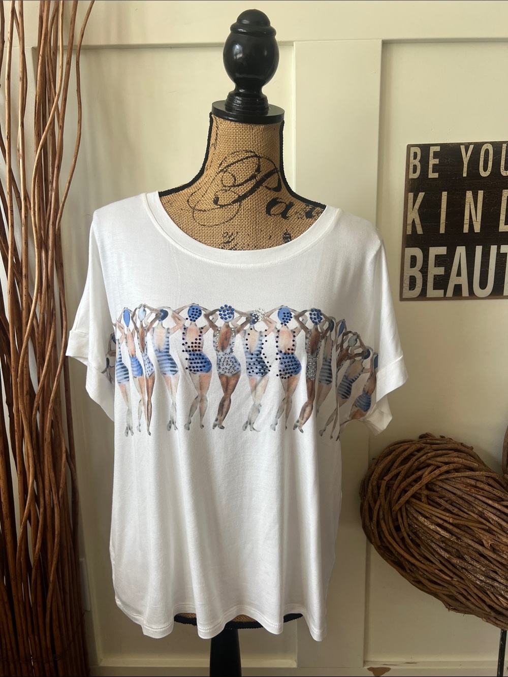 Cyrus White Short Sleeve Rhinestone Embellished Tee WSwimsuit Girls Graphic